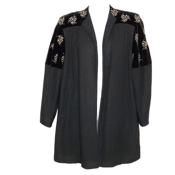 Vtg 40s 50s Wool Velvet Embellished Open Dress Over Coat Black Silver S **See - Picture 1 of 8